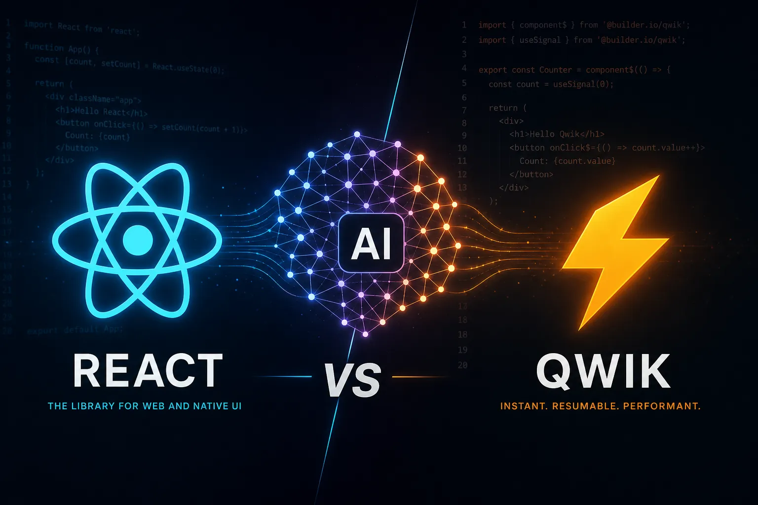 React ve Qwik logolarını yapay zeka ağı ile birleştiren karşılaştırma görseli